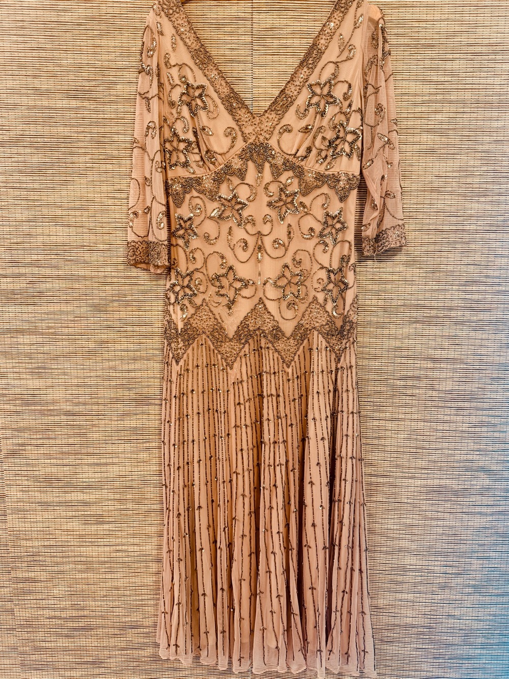 Camille La Vie Blush Beaded V-Neck Long Sleeve Dress